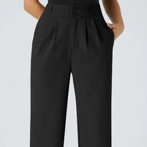 High Waisted Zipper Pocket Shirred Straight Leg Work Pants